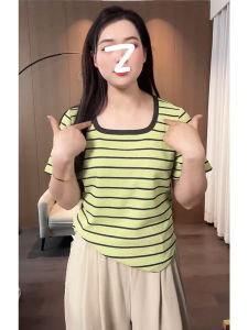plus Size Womens Striped Short Sleeve Knitted T-Shirt Slimming Summer Top Fashionable Korean Style Commute Wind Loose Fit