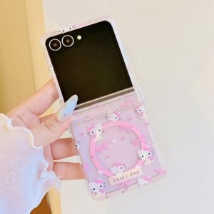 Sanrio | Ốp Điện Thoại Samsung Galaxy ZFlip 8 7 6 5 Hình Hello Kitty Hoạt Hình Dễ Thương Nam Châm Thiết Kế Nơ Hồng Toàn Màn Hình Kèm Móc Treo