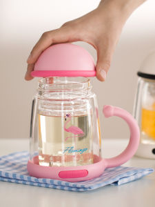 Beddybear Double Layered Heat Resistant Glass Cup High Temperature Resistant Flower Tea Cup with Handle Office Creative Water Cup