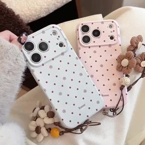 Korean Full Screen Polka Dots Rose Flowers Phone Case With Strap For iPhone 17 16 15 14 13 11 12 Pro Max Shockproof Soft Cover