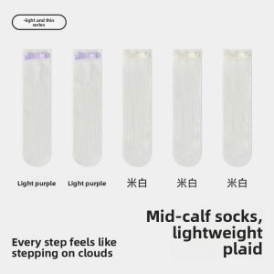 Miiow | Womens Summer Thin Ice Silk Mid-Calf Socks Antibacterial Breathable Sweat Absorbent White Cool Feeling Butterfly Knot Short Socks