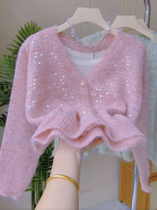 Ladies Pink Sequin Knitted Open Cardigan Loose V-Neck Sweater Outerwear Autumn New Style Comfortable Fashion Design Sense