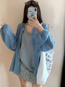 BINKAFENNY | Blue Plaid Long Sleeve Loose Womens Summer Anti-Uv Clothes Beautiful Age-Defying Top Large Size Plus Size Maternity Wear