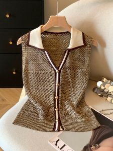 Elegant French Hollow out Polo Neck Sleeveless Knitwear Womens Summer 2025 New Style High-End Sensation Beautiful Outerwear Top