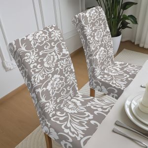 2/4/6PCS Vintage Grey Damascus Floral Print Elastic Dining Chair Cover Washable Parsons Dining Chair Cover
