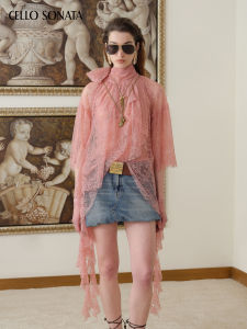 Cello Sonata | Pink Long Sleeve Lace Hollow Out Ruffled Peplum Backless Top
