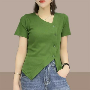 Summer Short Sleeve T-Shirt Set Uneven Hem Pleated Miniature Two-Piece Set Regular Fit Comfortable Breathable Casual Wear