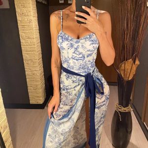 One-piece Swimsuit Women's Vintage Print with Swimsuit Chiffon Skirt