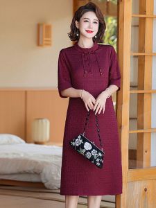 Elegant Mommy Dress Fashionable Silk-Like Short Sleeve Thin Mid-Aged Womens Dress Stylish Ladys Short Dress Summer New Arrival