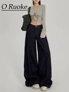 American Style High Waist Wide Leg Denim Jeans Womens Autumn Winter Fleece Lined Floor Length Loose Casual Trousers
