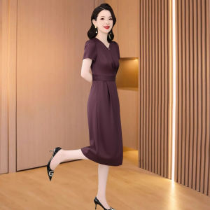 MAIMEI | ชุดแต่งงานสีแดงหรูหรา ชุดแม่เจ้าสาว ชุดลำลองฤดูร้อน ชุดกระโปรงทรงเอ ผ้าโพลีเอสเตอร์ ชุดลำลอง ชุดทำงาน ชุดทำงาน