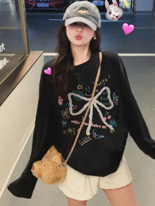 เสื้อยืดแขนยาวหลวมๆ สไตล์เกาหลีสำหรับผู้หญิง ลายผีเสื้อ ทรงหลวมๆ ปกติ คอตตอน ฤดูใบไม้ผลิ 2025 แฟชั่น