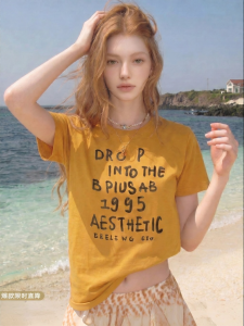 American Letter Print Short Sleeve Pure Cotton Loose Womens T-Shirt