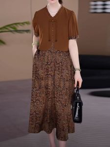 Elegant V-Neck Midi Dress Summer Collection High Waist Pocket Detail Mommy Dress Chic A-Line Skirt Short Sleeve OL Style