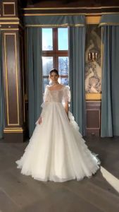 Fairycore Wedding Dress Ballgown Square Neckline Short Sleeves Zip Back Tulle Dress Boho Sparkle