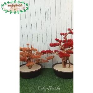 Pohon Hias Artificial Bonsai Daun Lohansung Merah / Orange Pot Semen Hiasan Ruang Kantor