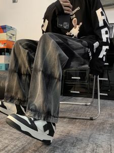 กางเกงยีนส์ทรงหลวมสไตล์ฮิปฮอปสำหรับผู้ชาย กางเกงขายาวทรงตรง ทรงหลวม สไตล์ย้อนยุค สตรีทแฟชั่น กางเกงขายาวลำลอง ยางยืด