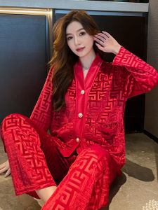 Red Velvet Sleepwear Set Luxury Korean Style Womens Autumn Spring Home Clothes Long Sleeve V-Neck Home Comfortable Outfit