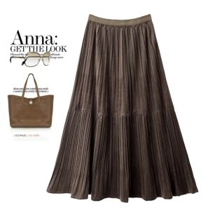Autumn Winter High Waist Slim Velvet Midi Skirt Pleated A-Line Dress Elegant Casual Fashion Womens Clothing