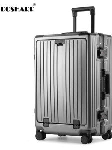 Multifunctional Travel Suitcase Aluminum Frame Pull Rod USB Charging Interface with Cup Holder Check-In Box Front Opening