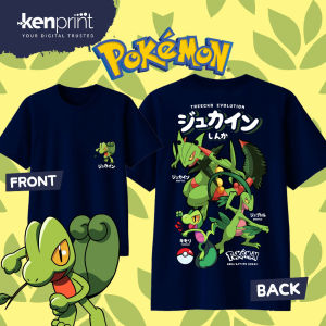 Bandai | Anime Pokémon Treecko Evolution Printed Cotton T-shirt Summer Mens and Womens Harajuku Clothing Fashion Casual Street T-shirt