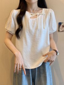 เสื้อเชิ้ตแขนสั้นสีขาวสไตล์จีนใหม่ ทรงหลวม สำหรับผู้หญิงไซส์ใหญ่ เสื้อยืดกระชับสัดส่วน คอกลม แขนพอง ฤดูร้อน 2024