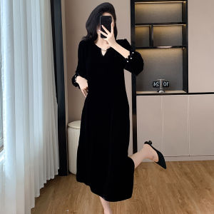 ชุดเดรสยาวคลุมเข่าผ้ากำมะหยี่สไตล์วินเทจฝรั่งเศสสำหรับผู้หญิงไซส์ใหญ่ ฤดูใบไม้ร่วง/ฤดูหนาว ชุดชั้นในทรงหลวม ปกปิดหน้าท้อง