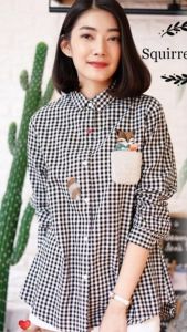 ●ECLAIRE● 063 Kemeja Kotak Square Gingham Longsleeves Casual Unik Motif Squirrel Bordir 996