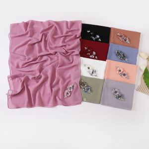 Jifang Luxury Party Wedding Rhinestones Crystal Double Solid Flower Plain Bubble Chiffon Muslim Hijabs Shawls Pashmina Shawl Tudung Hijab WC67