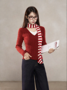 YIKEXIAOYEMEI | Áo Sweater Cổ V Đỏ Giúp Gọn Gàng Thời Trang
