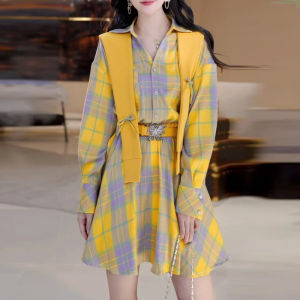 Shalldoer | Fashionable Plaid Butterfly Waist Belt Dress Shawl Set Womens Autumn New Small Design Short Skirt High Waist A-Line Dress