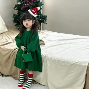 Knit Dress For Girls Long Style Solid Color Retro