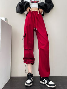 Ankela Red Workwear Pants Womens Style Autumn Cuffed Fleece High Waist Small Size American Red Wide Leg Sports Sweatpants