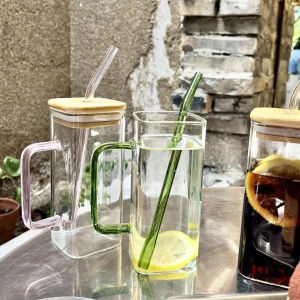 400ml Creative Square Borosilicate Glass Cup with Colored Handle and Bamboo lid & Glass Straw Juice/Coffee/Tea Cups