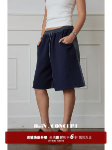 HeiNConcept Summer Sporty Black High Waist Elastic Waist Slimming Casual Straight Leg Short Pants Five-Quarter Length Cotton Blend