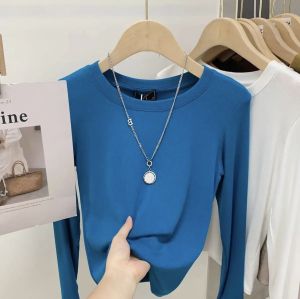 Classic round Neck Long Sleeve Base Shirt Slim Fit Solid Color Necktie Modal Fiber Womens Knitted Top Casual Commute Style
