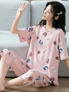 Pure Cotton Womens Summer Sleepwear Short Sleeve Seven-Piece Pants Cotton Home Clothes 2024 New Style Sweet Cartoon Print
