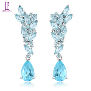 Lohaspie Jewelry Genuine 5.8 Carats Solid Sterling Silver 925 Stud Earring Natural Sky Blue Topaz Peridot Stud Earring Topaz Earrings For Women Peridot Stone Original 925 Jewelry