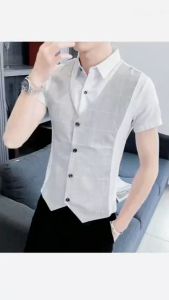 Áo sơ mi nam cộc tay giả gile chất liệu mát thấm hút mồ hôi phù hợp mùa hè oi bức H42