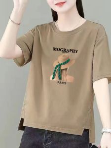 Pure Cotton Short Sleeve T-Shirt Summer New Fashion Korean Style Large Size Loose Fit Versatile Design Open Sleeve Printed Top