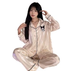 New Ice Silk Sleepwear Womens Spring Autumn Summer Thin Long Sleeve Cool Feeling Cute Cartoon Home Clothes Set Can Be Worn outside