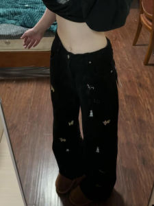 High Waist Floor-Length Embroidered Doggie Denim Jeans Womens Spring Autumn Straight Leg American Wide Leg Pants