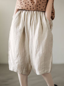 Quần Dài Cotton Lanh Rộng Rãi Cho Nữ Mùa Hè Năm Năm Quần Ngắn Ống Rộng Cạp Cao Mỏng Thường Ngày