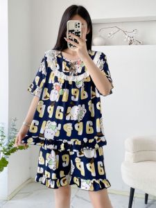 ชุดนอนผ้าไหมคอตตอนสำหรับผู้หญิงในฤดูร้อน ชุดนอนแขนสั้น กางเกงขาสั้น ไซส์ใหญ่ ผ้าฝ้ายเทียม ชุดนอนสบายๆ ชุดนอนผ้าฝ้ายคอตตอน