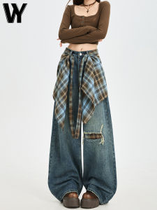 Detachable Wide Leg Denim Jeans Womens Autumn Versatile Layering Design Break Hole Loose Floor-Length Straight Pants