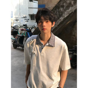 ZHUOCAN | Youthful Double-Layer Checkered Polo Shirt Five-Half Sleeves