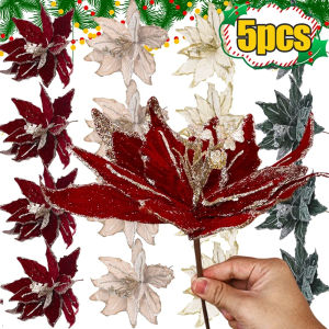 Dizoey 5-1PCS Christmas Artificial Flower Glitter Flannel Xmas Tree Wreath DIY Crafts Fake Flower Home New Year Party Decoration Supply