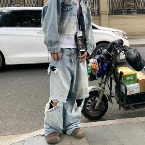 กางเกงยีนส์ทรงหลวมสไตล์อเมริกันย้อนยุคสำหรับผู้ชาย กางเกงขายาวทรงตรงขากว้าง ทรงหลวม กางเกงยีนส์ทรงหลวม