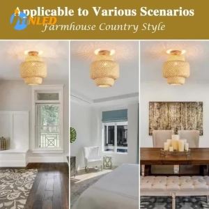 JOYINLED Bamboo Woven Ceiling Light Black Beige Semi Flush Mount Lamp Shade Chinese Restaurant Zen Tea Room Homestay Inn Bedroom