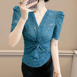 Yimei 2025 mùa hè mới của phụ nữ quần áo đẹp Niche Knot v-cổ tay lỡ áo ren cao cấp cảm giác khí chất siêu đẹp thanh lịch tay áo bong bóng Áo sơ mi